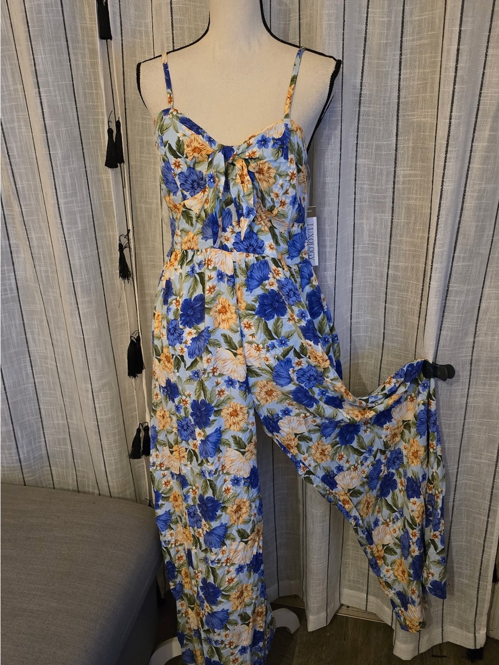 Luxology Blue & Yellow Floral Tie-Front Wide-Leg Jumpsuit